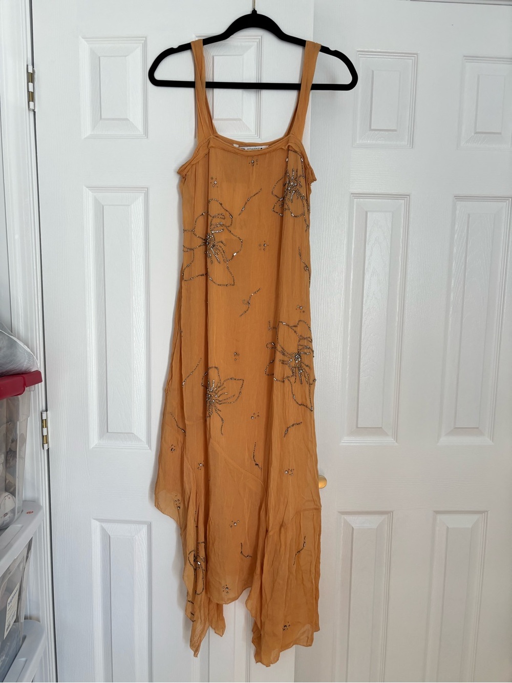 Zara Mustard Yellow Asymmetrical Floral Beaded Slip Dress